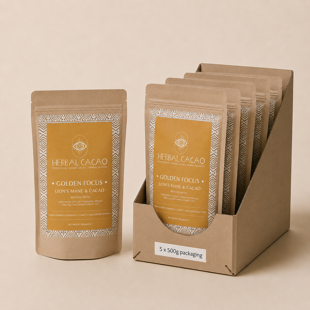 Lion’s Mane & Ceremonial Cacao | Golden Focus | 500gram (5 pieces)