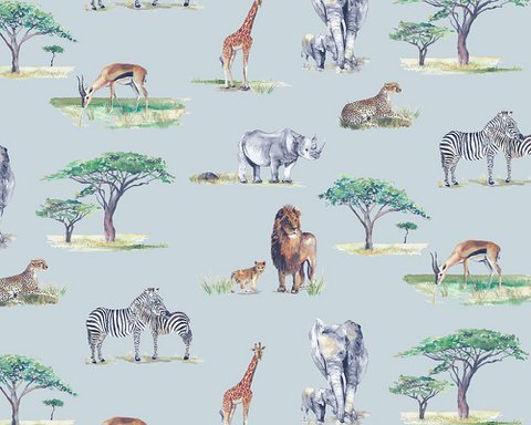 Kindertapete mit Safaritieren – Farbe Himmelblau