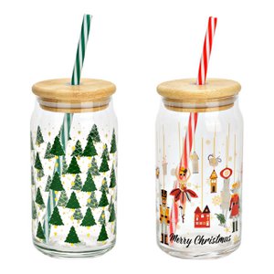 Drinkglas Kerstdecor met motief en rietje van glas, 2-voudig, transparant (B/H/D) 7x14x7cm 500ml
