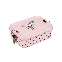 Pink lunch box with Pippi character, polka dot pattern, rectangular shape, metal handles, kids snack container.
