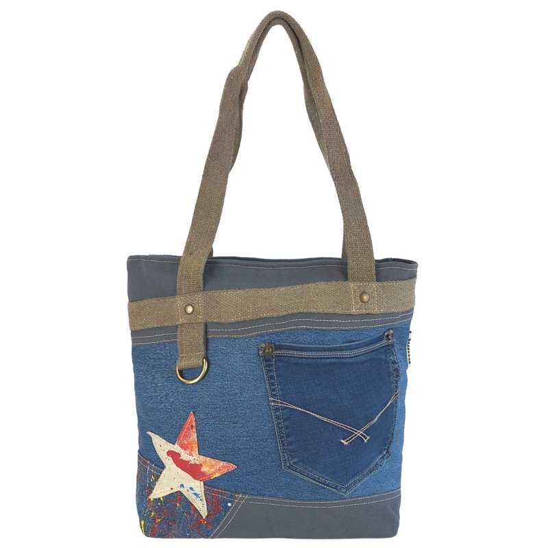 Sunsa dameshandtas. Shopper in vintage retrostijl. Schoudertas gemaakt van upcycled jeans. Grote veganistische tas