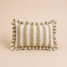  Rectangular cushion with sage green and white striped pattern, featuring tasseled edges.