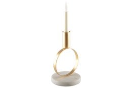 A round, matt gold candleholder with a marble holder, standing 17 cm tall.