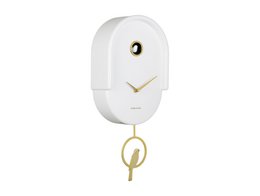 White oval wall clock with gold pendulum, minimalist design, modern style, bird-inspired shape.