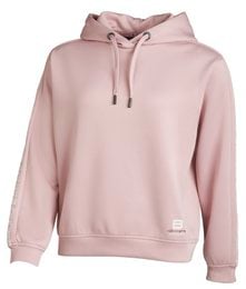 A pink women's hoodie with printed sleeves. Made of soft, comfortable material. Features a hood and drawstring closure.