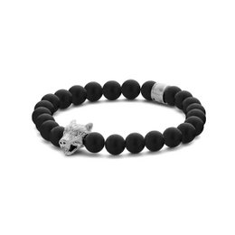 Frank 1967 7FB-0589 Heren Armband - Kralen - Agaat - Zwart - 8 mm Doorsnee - Rekbaar - Wolf - Staal - Vintage look - Antraciet