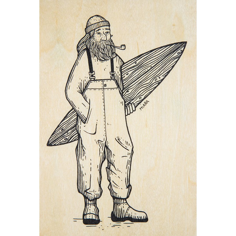Winter old surfer wooden postcard