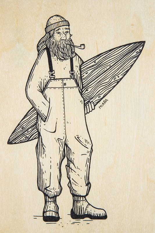 Winter old surfer wooden postcard