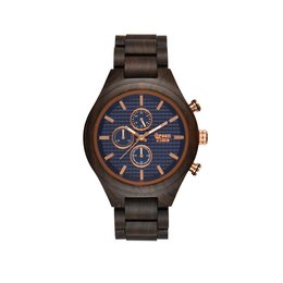 Wooden chronograph watch with navy blue dial and rose gold accents.