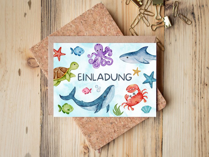 Underwater invitation card set to fill out including envelopes for shark children's birthday parties or mermaid parties