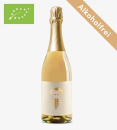 Organic alcohol-free white sparkling wine, golden pale color, elegant bottle, celebratory beverage.