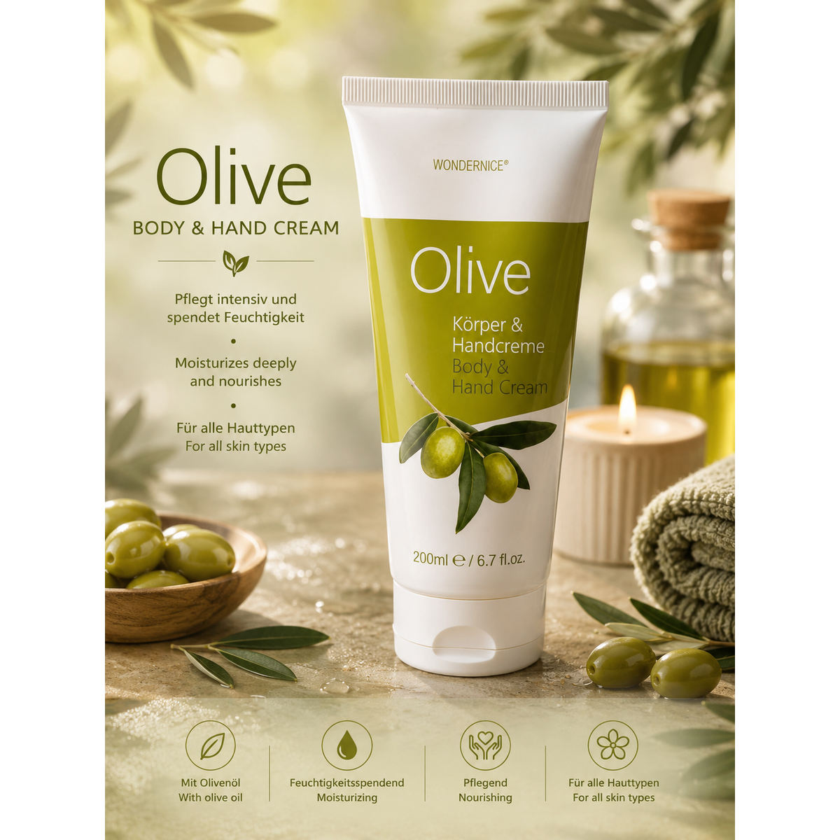 200ml Körper & Handcreme "Olive" in Tube