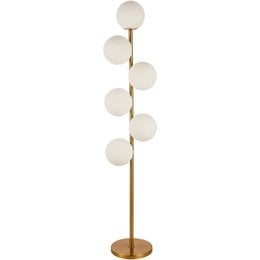 A tall, modern floor lamp with a gold metal base and multiple white glass globe shades.