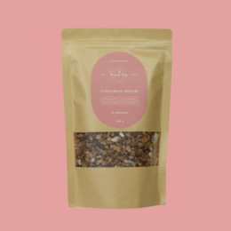 Cinnamon Dream granola, a delicious and nutritious breakfast option. Made with a blend of oats, nuts, and cinnamon for a warm, comforting flavor.