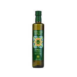 Extra virgin olive oil, 0.750 lt, Sicilian-Italian, "Terra degli Angeli" brand, green glass bottle, green liquid pouring.