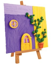"3D clay painting art craft, purple lavender yellow colors, textured window house design, sensory DIY"