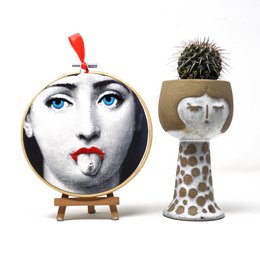 Handmade Embroidery Hoop Art - "Iconic Lina" Collection (Fornasetti Inspired) - Textile Wall Decoration 15cm