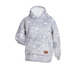 A cozy, hooded blanket with a star pattern in shades of gray. The blanket includes a pair of matching socks, making it a comfortable and stylish set for children.