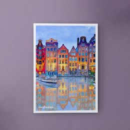 Colorful, vibrant painting depicting traditional Dutch houses and buildings along a canal in Amsterdam, Netherlands. The image shows a scenic, reflective waterway with the buildings mirrored in the water.
