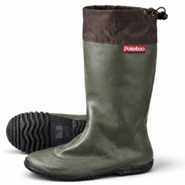  Foldable navy and lemon yellow rain boots with a compact carrying case.