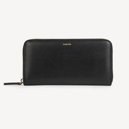 Black vegan wallet made from apple skin, featuring a zip-around closure and a sleek, minimalist design.