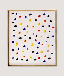  Abstract black and white painting with geometric shapes.