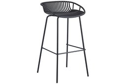 Black metal bar stool with curved backrest and round seat.