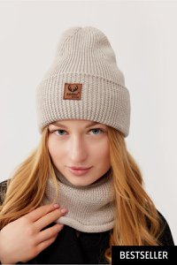 BRIGID Mützen- und Schal-Set – 100 % Merinowolle – Beige