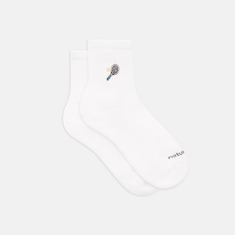Bio Quarter Socken Racket & Ball - Kurze weiße Socken mit Tennismotiv, Stickerei
