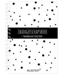 A black and white pregnancy book cover with a polka dot pattern and the title "Zwangerschap boek" (Pregnancy book) in Dutch.
