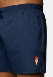 Navy blue swim shorts with a small ice cream cone logo, suitable for men's swimwear.