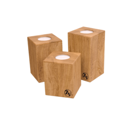 Set of 3 wooden tea light holders in a square shape.