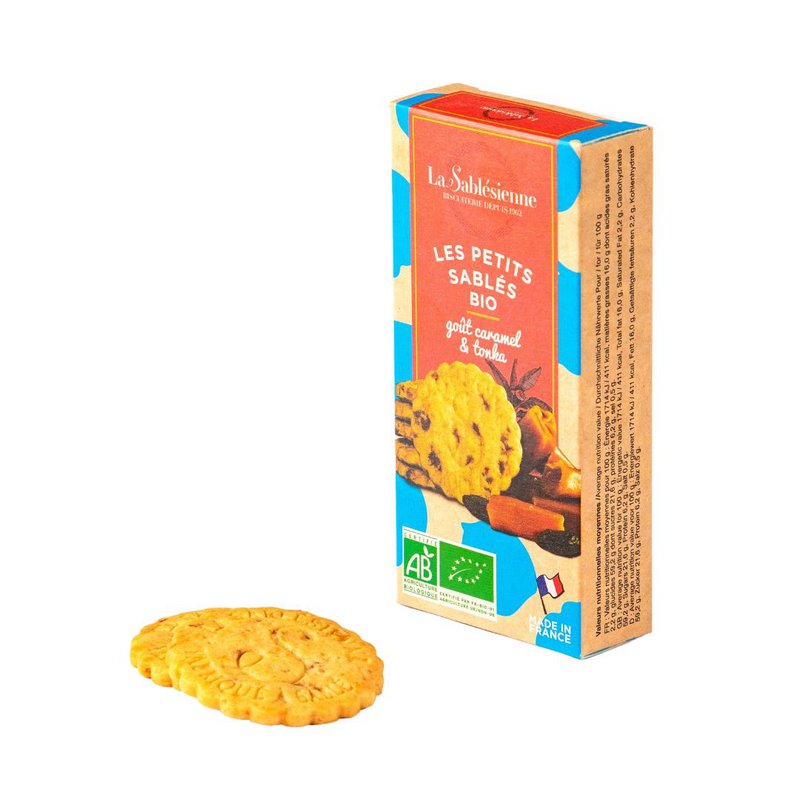 Biscotti di pasta frolla con gocce di caramello e fava tonka biologica - scatola di cartone da 37 g