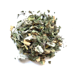 A loose-leaf tea blend with a mix of green tea leaves, herbs, and dried fruit pieces. The tea has a light, refreshing flavor and aroma.
