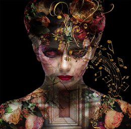 Surreal double exposure portrait with floral patterns, gold accents, architectural elements, artistic mixed media painting.