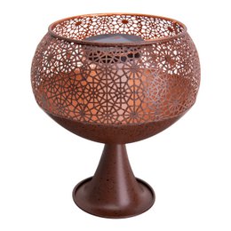 Decorative solar light with a bronze-colored metal base and a flame effect. The light features a perforated design with intricate patterns, creating a warm and ambient glow.