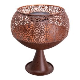 Decorative solar light with a bronze-colored metal base and a flame effect. The light features a perforated design with intricate patterns, creating a warm and ambient glow.