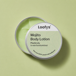 A 30ml bottle of Loofys' Mojito Body Lotion, featuring a green and white color scheme and a refreshing mojito scent.