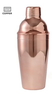 COCKTAIL SHAKER OF 550 ML CAPACITY IN STAINLESS STEEL WITH OUTSIDE COATING OF GALVANIZED COPPER. WITH SAFETY LOCK AND DOSING CAP ON TOP. PRESENTED IN AN ATTRACTIVE INDIVIDUAL BOX.
