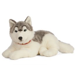  Soft, plush husky dog plush toy with gray and white fur, lying down in a relaxed pose.