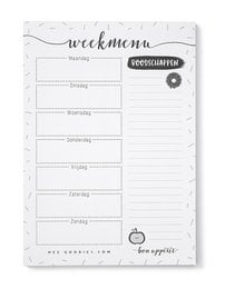 A5 black and white weekly meal planner notepad with sections for each day of the week.