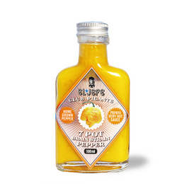 A small glass bottle of very hot sauce made with 7 Pot Brain Strain peppers, containing 100ml of the fiery condiment.