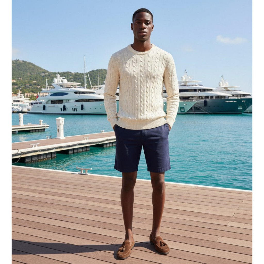Maglione a trecce girocollo in cashmere bianco lana