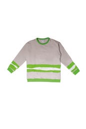 A gray sweatshirt with neon green stripes across the chest and sleeves, designed for children aged 2-11 years old.
