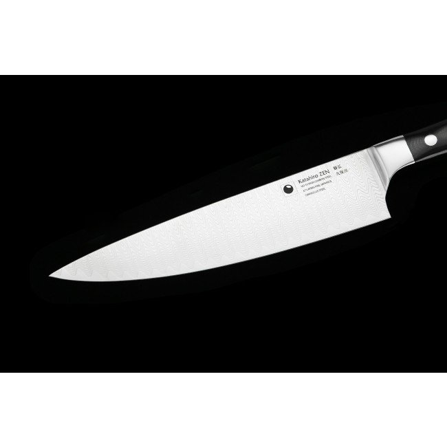 KATAHIRO ZEN Juego de cuchillos de chef damasco de 3 piezas: cuchillo de chef, cuchillo santoku, cuchillo de pelar con portacuchillas magnético de bambú