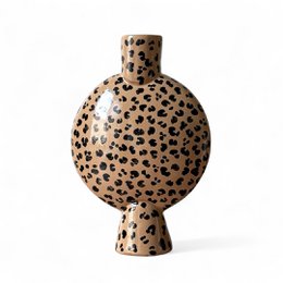  Leopard-patterned ceramic vase with a round, bulbous shape and a raised base.