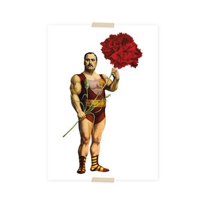 Postcard collage sterke man met anjer