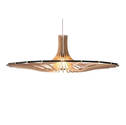 Large round flat pendant light, wood and metal materials, modern minimalist style, warm lighting, 120cm diameter.