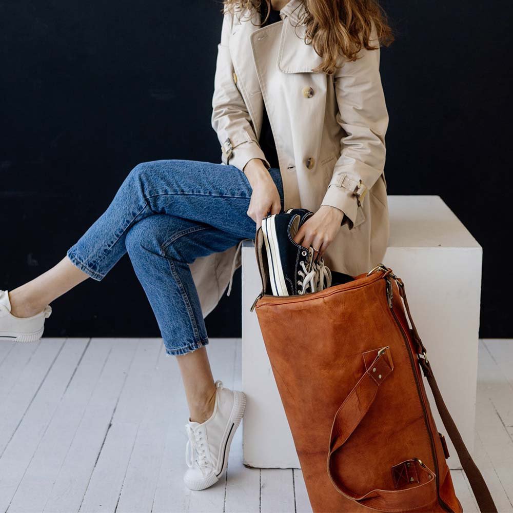Handmade Moroccan Leather Travel Bag – Artisan 58cm “Grand Voyager” Duffle with Shoe Compartment & Protective Base Rivets