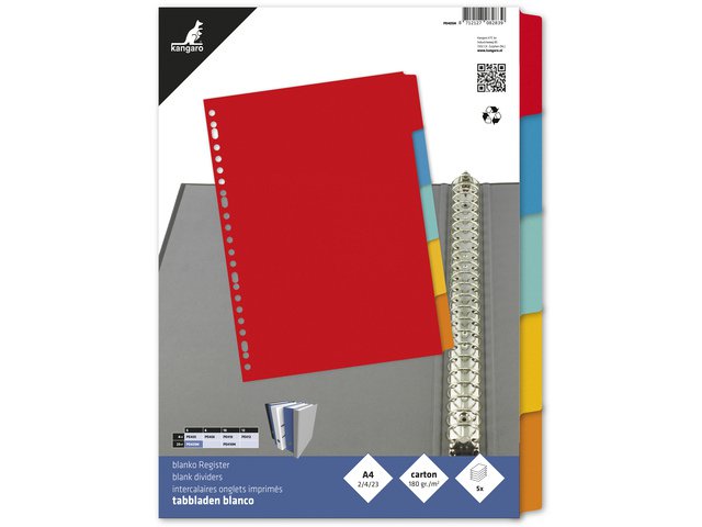 Tab Kangaro A4 blank recycled manila cardboard 180grs 23r. 5pcs assorted